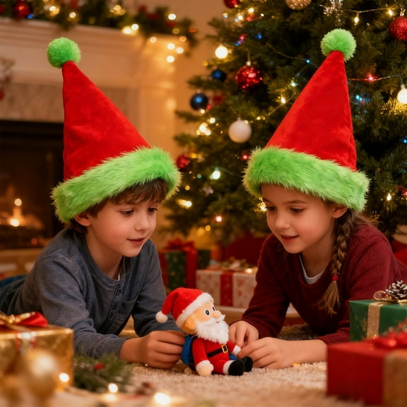 ddioayh Flock Fabric Santa Hat for Adults Christmas Party Decoration Red Green Holiday Headwear with Soft Faux Fur Ball