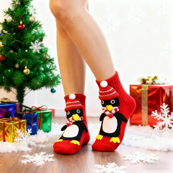 ddioayh Hand Crocheted Winter Warm Socks With Cute Penguin Design, Durable & Spandex, Stretchy and Soft Thermal Anklets for Christmas Gifts