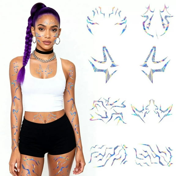 ddioayh [Holographic Temporary Tattoo Stickers - Colorful Tribal Body Art For Party Festival Role-Play, 8 Sheets Easy Apply Pain-Free Safe Paper Material]