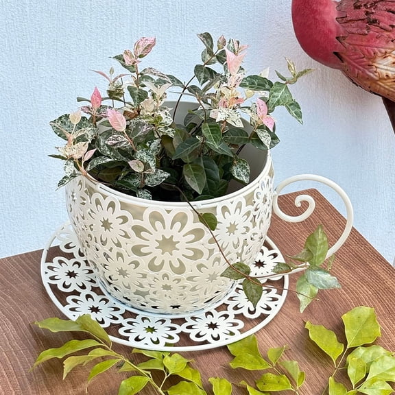 ddioayh Iron Flower Pot With Hollowed-Out Design Coffee Cup Shape For Terrace Garden Balcony Outdoor Arrangement