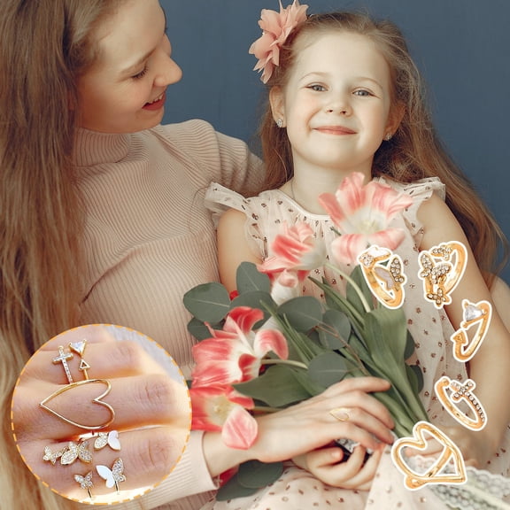 ddioayh Lace Hollow Heart Full Diamond Drip Oil Butterfly Rings 5-Piece Set Valentine's Day Gift for Women with OPP Packaging