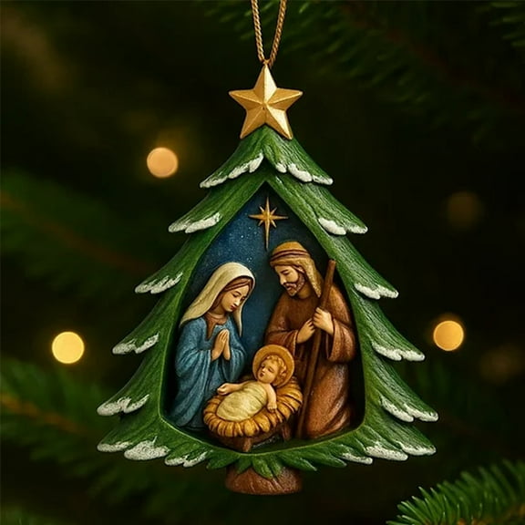 ddioayh Nativity Christmas Tree Ornament With 3D Mary Joseph & Baby , Golden Star Topper, Handcrafted Decor for Holiday Gift & Home Decoration (1 Pendant)