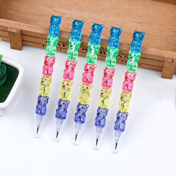 ddioayh Pencils Holographic Stackable Bear Design Colored Pens With DIY Message Cards For Valentine Day Classroom Exchange Non-Food Gift 10 Pack