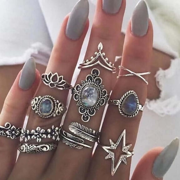 ddioayh Personality Hollow Carved Starry Sky Leaf Gemstone Ring Set