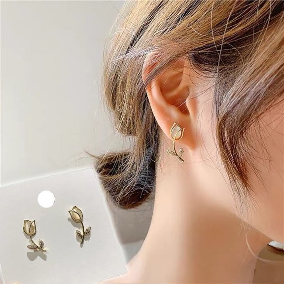 ddioayh Rose Flower Earrings with Zircon Accents Hypoallergenic Alloy Rose/White Plated 2.4x1cm