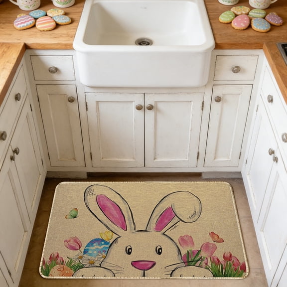 ddioayh Rug Easter Themed Absorbent Non-Slip Doormat for Entryway Living Room Bedroom with Bunny Egg Patterns and Wood Grain Stripes for Festive Mood
