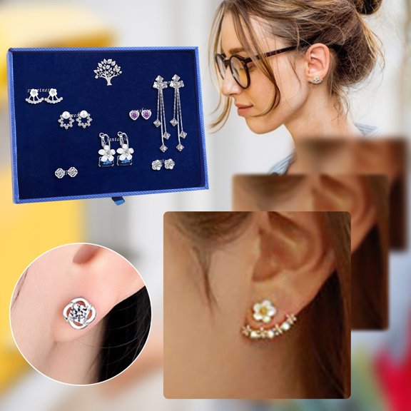 ddioayh S925 Silver Jewelry Gift Set 7 Pairs of Ear Studs with Rhinestone Inlay for Women Fashion Accessories