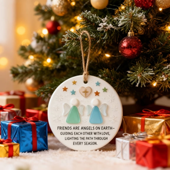 ddioayh Sea Glass Christmas Ornament 8cm Acrylic Golden Frame Beach Sunset Decor with Natural Shells 2 Pack