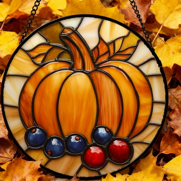 ddioayh Stained Glass Window Hanging Fall Pumpkin Berry Christmas Thanksgiving Decorations 2D 15cm Seasonal Home Decor for Windows and Doorways