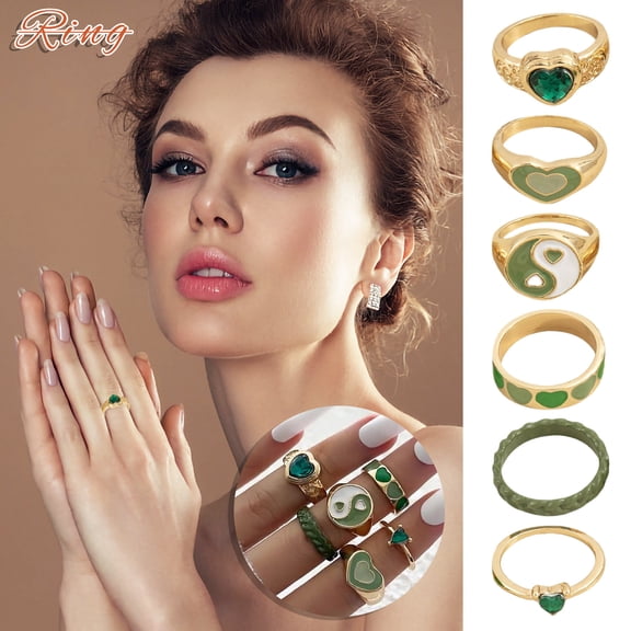 ddioayh Vintage Style Adjustable Stackable Rings Set for Women 6 Piece Green Hand Hugging Jewelry with Temperature Color Change Feature