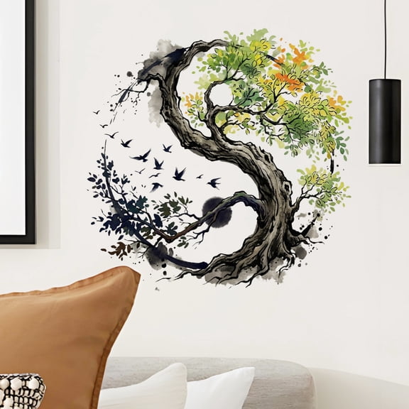 ddioayh Wall Decal 12x12cm Ink Wash Yin Yang Tree Leaves Design Reusable Self-Adhesive Home Decor Living Room Sticker for DIY Crafts
