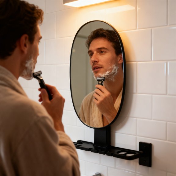 ddioayh Wall Mounted Bathroom Mirror With Antifog Shower Glass, No Drilling Hanging Mirror With Storage Tray & Razor Holder, 29x22cm Space Saving Makeup Mirror for Shaving and Vanity