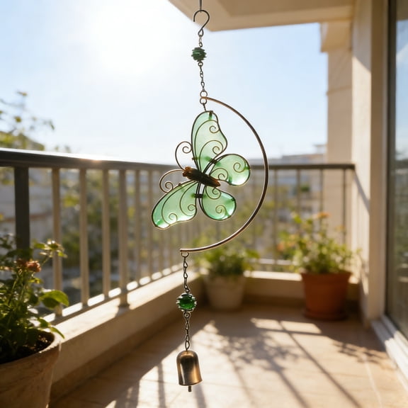 ddioayh Wind Chime Hanging Ornament with Luminescent Butterflies and Crescent Metal Frame for Outdoor Indoor Use Weather Resistant Rust Proof Powder Coating Waterproof Glass Resin