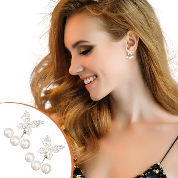 ddioayh Women's Fashion Detachable Butterfly Pearl Earrings with Rhinestones for Wedding Party Banquet 2cm