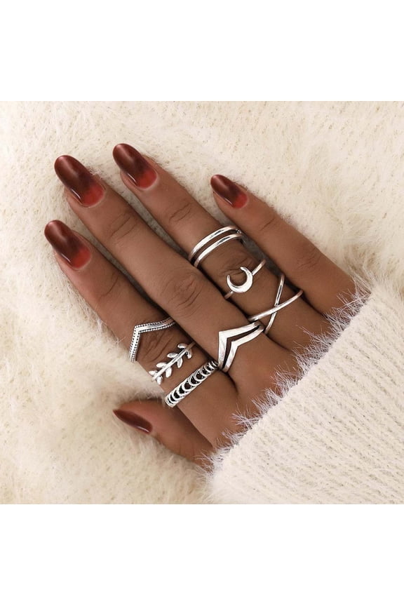 Women's Leaf Design 7-Piece Alloy Joint Ring Set Fashion Stackable Rings for Daily Wear