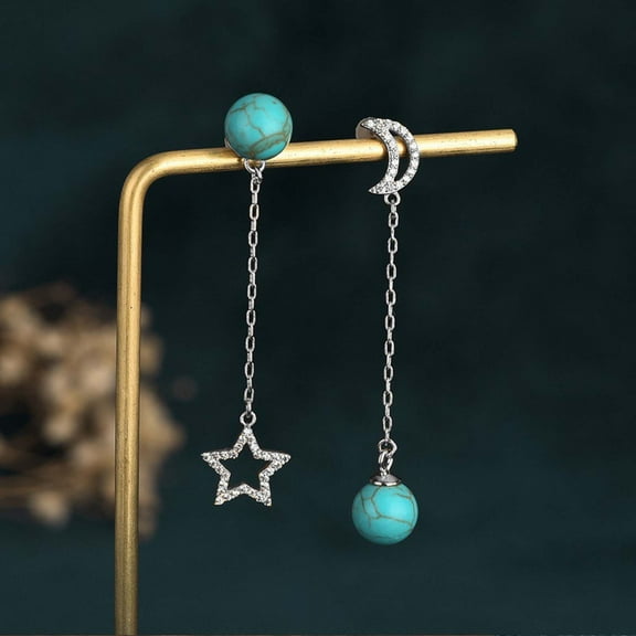 ddioayh Women's Star Moon Asymmetrical Inlaid Turquoise Drop Earrings with Tassel