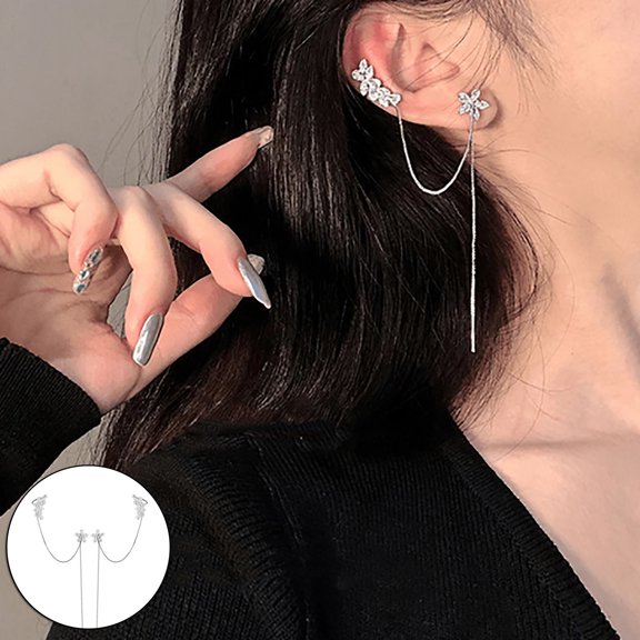 ddioayh Zircon Flower Tassel Earrings for Women Hypoallergenic Alloy Ear Clips 18cm Fashion Dangling Ear Wire Jewelry