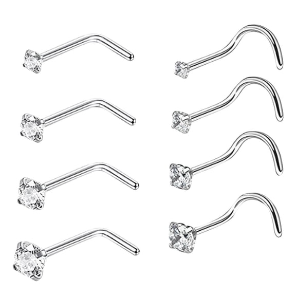 ddioayh 8 Pcs Stainless Steel Hypoallergenic Nose Screw Studs Round Diamond Surgical Steel Nose Rings Piercing Set