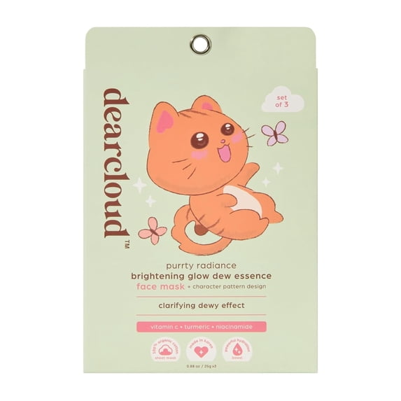 dearcloud Purrty Radiance Illuminating Glow Dew Essence Face Mask, Korean Sheet Mask - Vitamin C, Niacinamide & Turmeric (3 Pack)