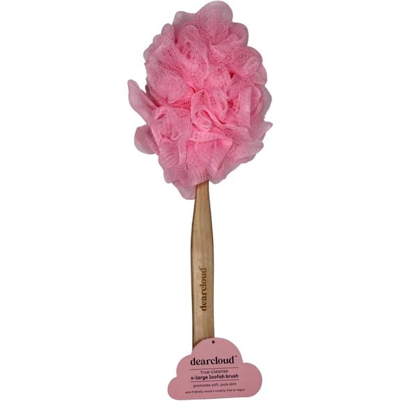 dearcloud True Cleanse XL Loofah Brush  Exfoliating Body Exfoliator Scrubber with Long Handle for Shower - Shower Scrubber for Body (Pink)