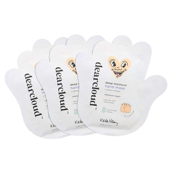 dearcloud x Keith Haring Infused Serum Hand Mask – hand masks moisturizing glove with Glycolic Acid & Shea Butter – Hand Mask for Dry Cracked Hands – Iris Rose Musk (3 Pairs/ 6 Gloves)