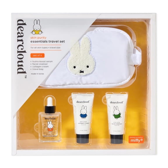 dearcloud x Miffy Skin Purity Essentials Travel Set of 4 ($55 Value) - Korean Skin Care Travel Set Hydrating Korean Skin Care Travel Essentials Set with Cosmetic Bag