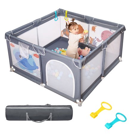 dearlomum Baby Playpen, 50"x50" Baby Playard, Playpen for Babies with Gate, Indoor & Outdoor Kid Activity Center with Anti-Slip Base, Sturdy Safety Playpen with Soft Mesh, Playpen for Toddlers(Grey)