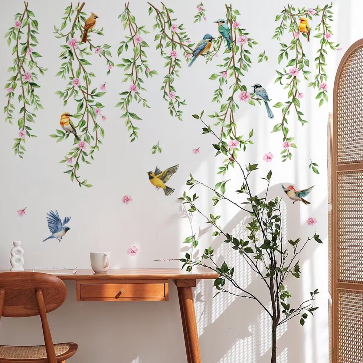 decalmile Hanging Vine Wall Decals Birds Green Leaf Wall Stickers ...