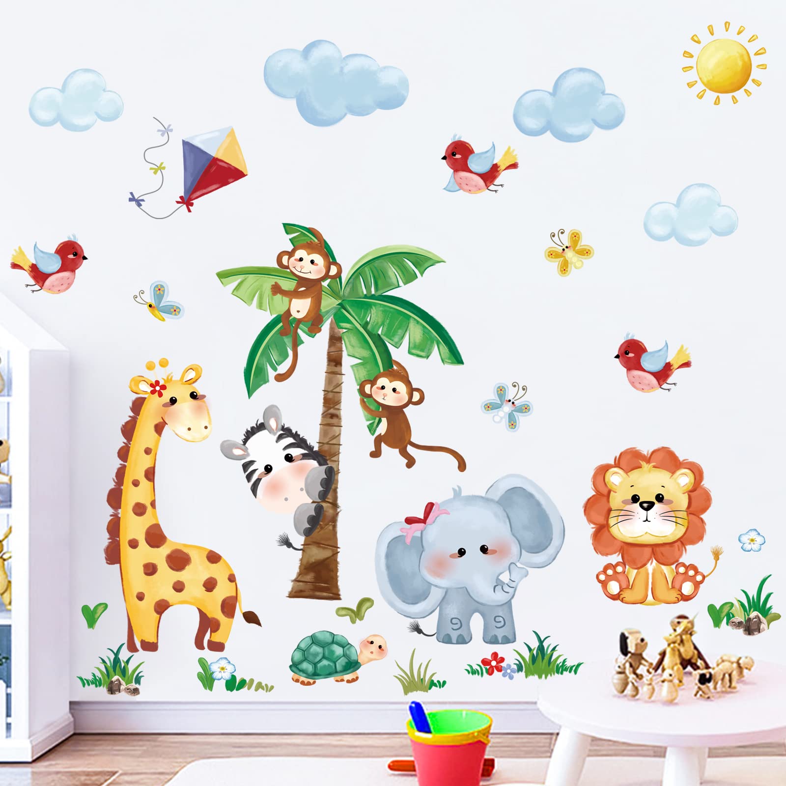 decalmile Jungle Animals Wall Decals Giraffe Elephant Monkey Tree Wall ...