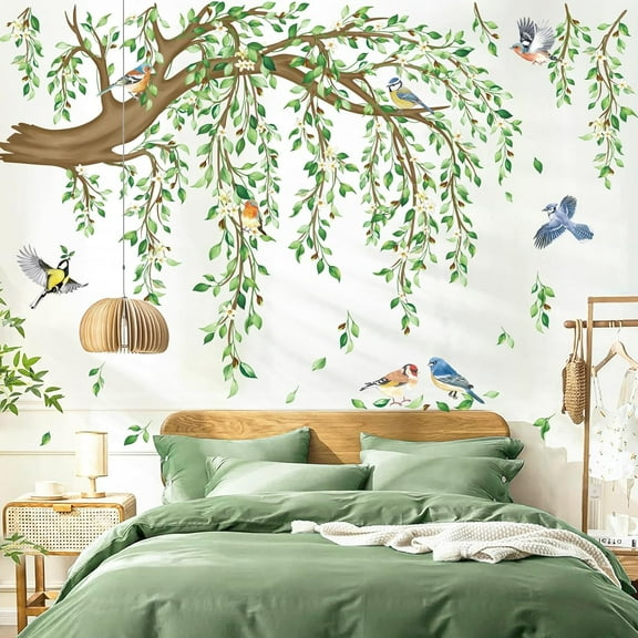 decalmile Large Hanging Vine Wall Stickers Tree Branch Green Leaf Flower Birds Wall Decals Living Room TV Background Bedroom Wall Decor