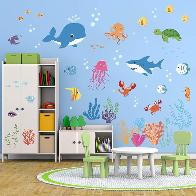decalmile Under The Sea Dolphin Fish Wall Decals Vinyl Peel and Stick Kids  Room Wall Stickers Baby Nursery Childrens Bedroom Bathroom Wall Decor