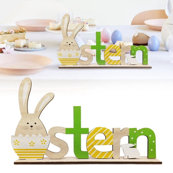 decor spring Easter Wooden Bunny Decorations Farmhouse Style Table Mantel Tray Sign Indoor Home Easter Bunny Decor For Spring Holiday Decorating 1pc