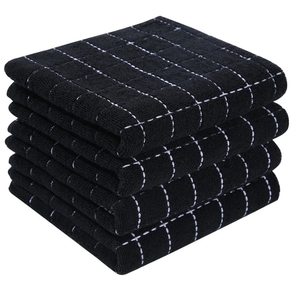 decorUhome 100% Cotton Terry Kitchen Towels(Black, 13 x 28 inches), Checkered Designed, Soft and Super Absorbent Dish Towels, 4 Pack