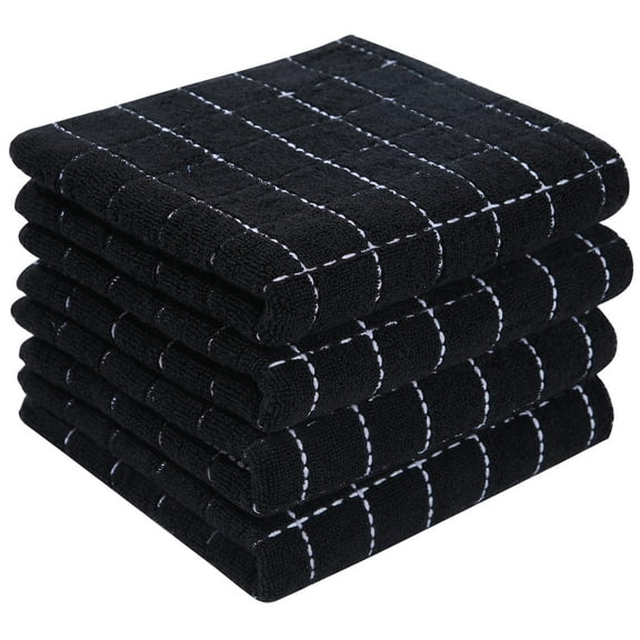 decorUhome 100% Cotton Terry Kitchen Towels(Black, 13 x 28 inches), Checkered Designed, Soft and Super Absorbent Dish Towels, 4 Pack