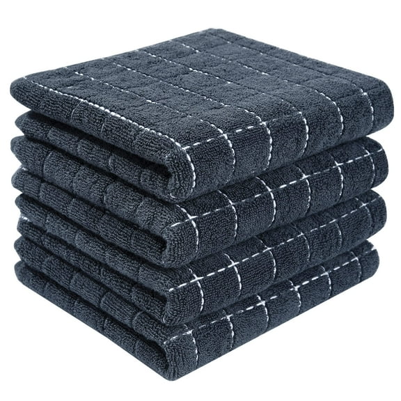 decorUhome 100% Cotton Terry Kitchen Towels(Dark Grey, 13 x 28 inches), Checkered Designed, Soft and Super Absorbent Dish Towels, 4 Pack