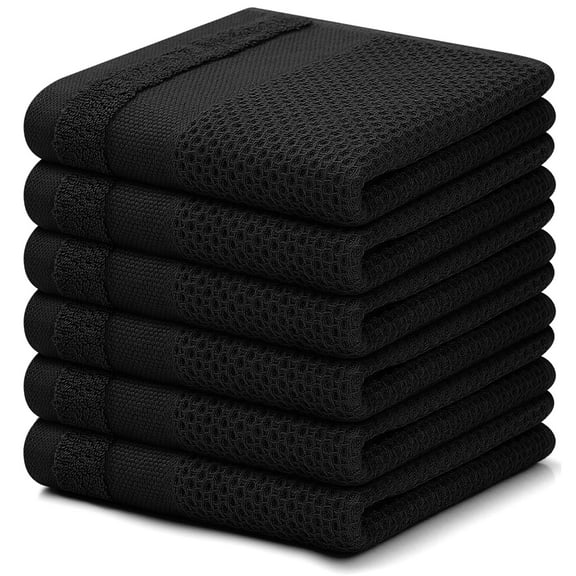 decorUhome 100% Cotton Waffle Weave Dish Cloths, 6 Pack - 12 x 12 Inches, Super Soft Absorbent Quick Drying Dish Towels, Black