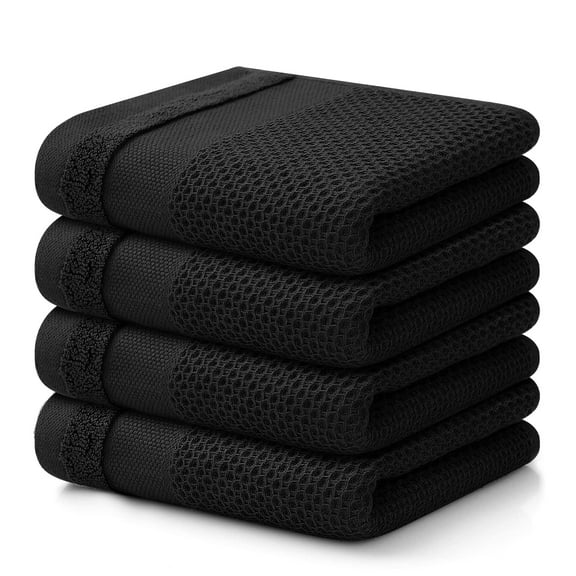 decorUhome 100% Cotton Waffle Weave Kitchen Towels, 4 Pack - 13 x 28 Inches, Super Soft Absorbent Quick Drying Dish Towels, Black