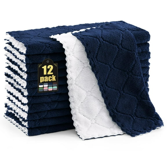 decorUhome 12 Pack Kitchen Dish Towels 10" x 10", Super Soft and Absorbent Dish Cloths, Navy Blue & White