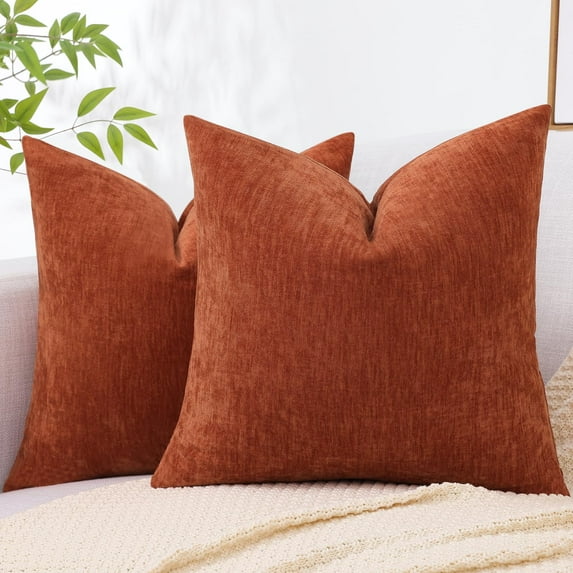 decorUhome 18x18 Set of 2 Throw Pillow Covers, Decorative Soft Chenille Pillow Covers for Couch, Rust