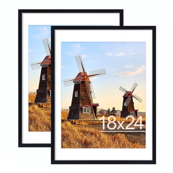 decorUhome 18x24 Picture Frame with Plexiglass Set of 2 - Large Black Poster Frame for Wall Display - Includes 16x20 Mat, Made of Durable PVC Design