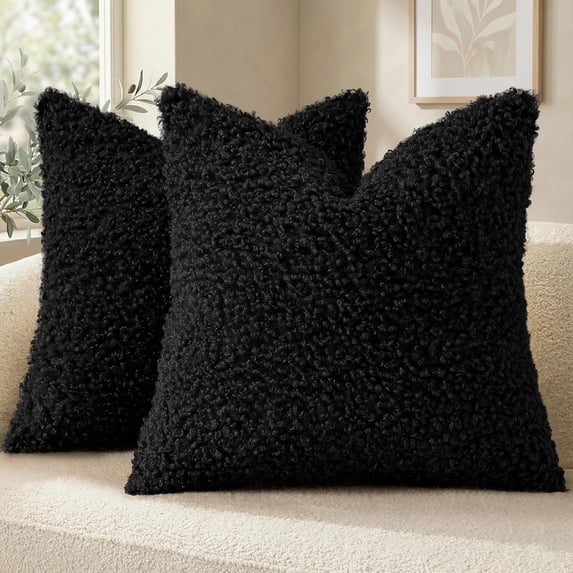 decorUhome 2 Pack Faux Fur Decorative Sherpa Throw Pillow Covers 20x20 Inch Fuzzy Accent Soft Pillow Cases for Couch Bed Sofa, Black