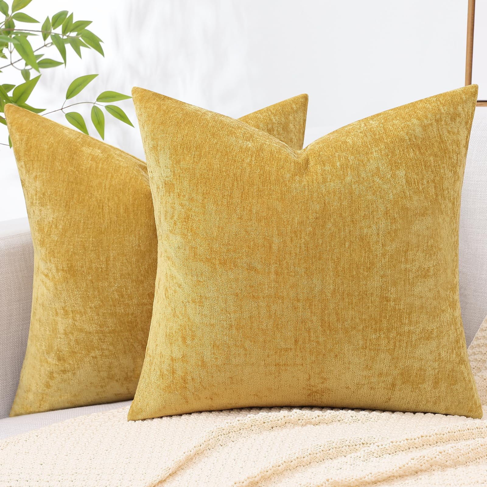 decorUhome 20x20 Set of 2 Throw Pillow Covers, Decorative Soft Chenille Pillow Covers for Couch, Mineral Yellow