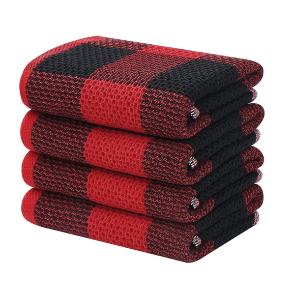 decorUhome 4-pack 100% Cotton Waffle Weave Kitchen Towels, 13x28 Inches, Super Soft and Absorbent Dish Towels, Black & Red