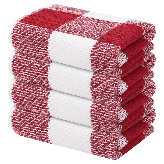 decorUhome 4-pack 100% Cotton Waffle Weave Kitchen Towels, 13x28 Inches, Super Soft and Absorbent Dish Towels, Red & White