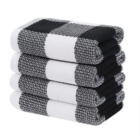 decorUhome 4-pack 100% Cotton Waffle Weave Kitchen Towels, 13x28 Inches, Super Soft and Absorbent Dish Towels, White & Black