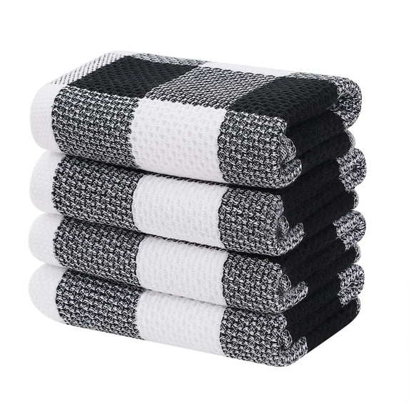 decorUhome 4-pack 100% Cotton Waffle Weave Kitchen Towels, 13x28 Inches, Super Soft and Absorbent Dish Towels, White & Black