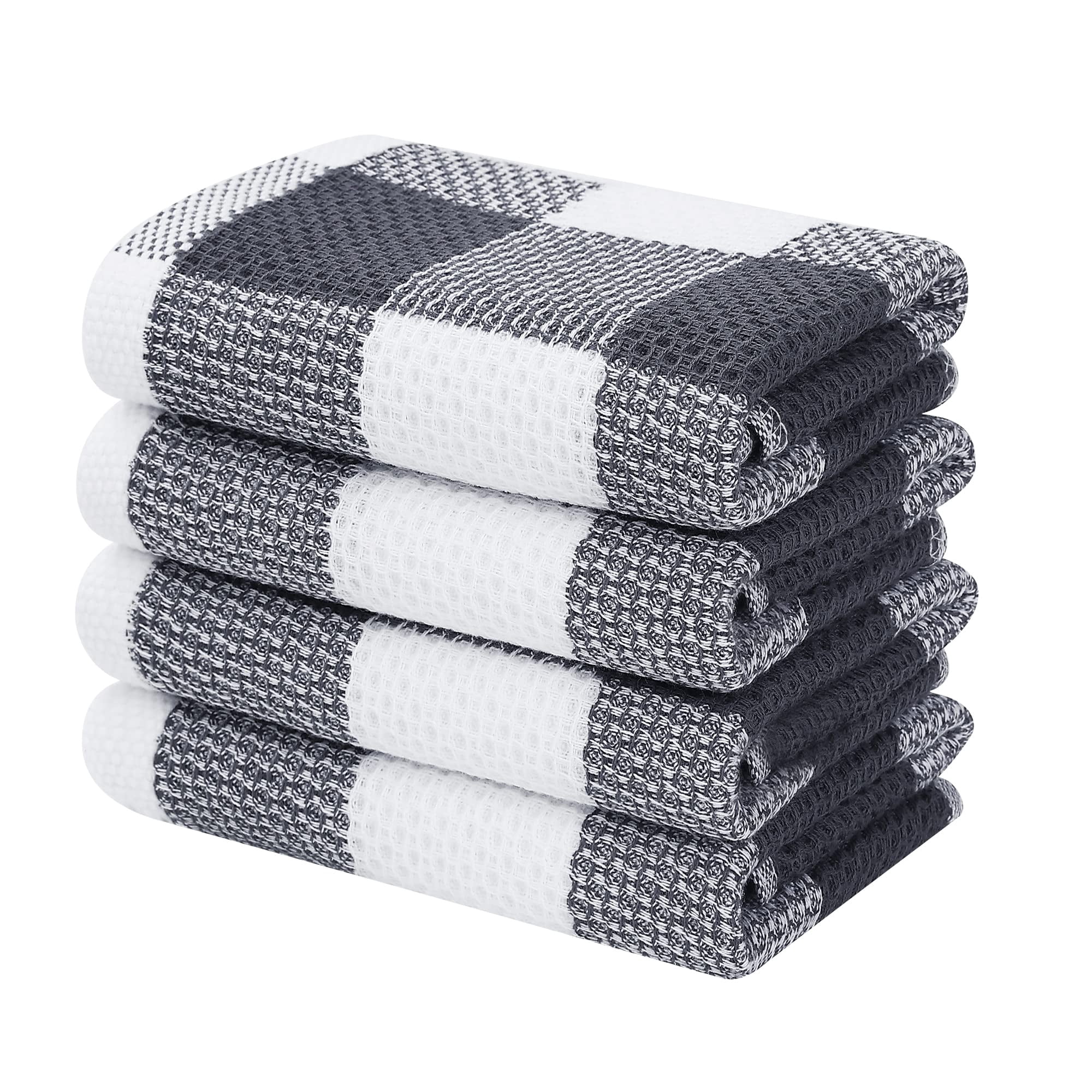 decorUhome 4-pack 100% Cotton Waffle Weave Kitchen Towels, 13x28 Inches, Super Soft and Absorbent Dish Towels, White & Dark Grey