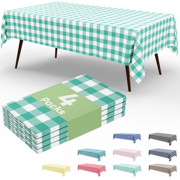 decorUhome 4Pcs Disposable Tablecloth for Rectangular Table, 54x108 Inch Teal and White Checkered Table cover for Party, Birthday, Picnic