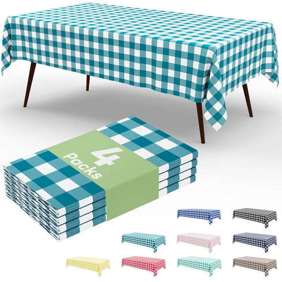 decorUhome 4Pcs Disposable Tablecloth for Rectangular Table, 54x108 Inch Turquoise and White Checkered Table cover for Party, Birthday, Picnic