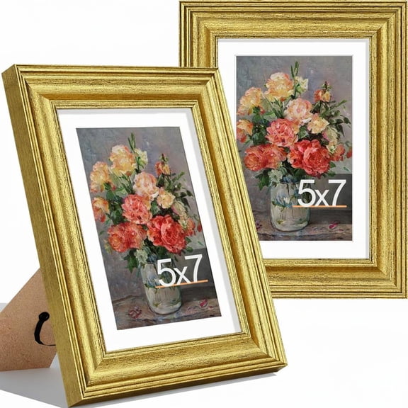 decorUhome 5x7 Picture Frames Set of 2, Display 4x6 Pictures with Mat or 5x7 without Mat, Wall and Tabletop Display Photo Frames, Gold